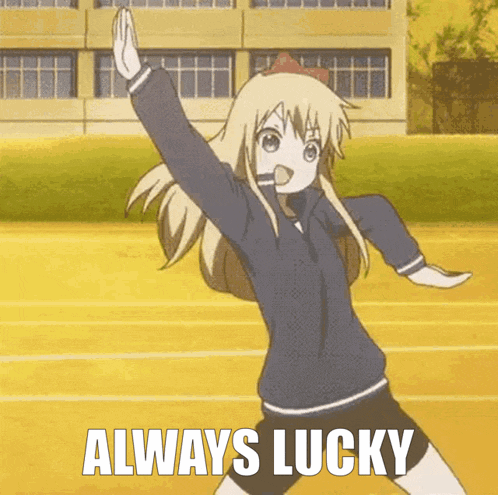 a cartoon girl is dancing with the words always lucky behind her