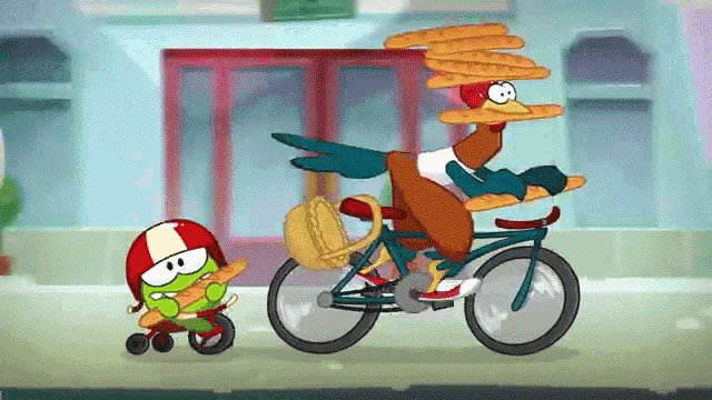 a cartoon character is riding a bike with a stack of baguettes on his head