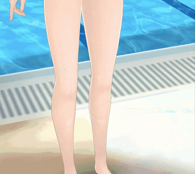 a woman 's legs are shown with a swimming pool in the background
