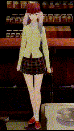 a girl in a yellow cardigan and plaid skirt is standing in front of a shelf with jars of jam on it