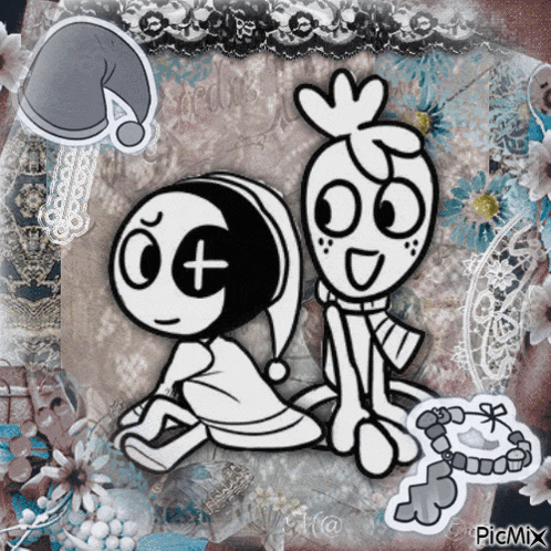 a couple of cartoon characters sitting next to each other with a picmix watermark on the bottom right
