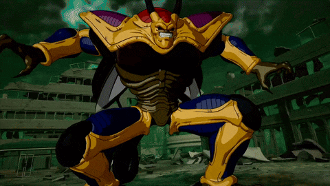 a cartoon character is standing in front of a destroyed building with the word legacy on the bottom left