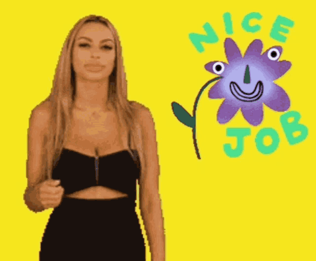 a woman is giving a thumbs up in front of a nice job i love it sticker