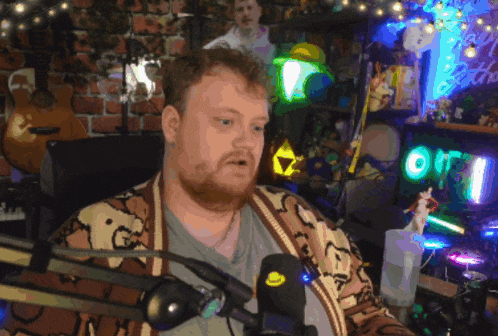 a man with a beard is sitting in front of a microphone in a room