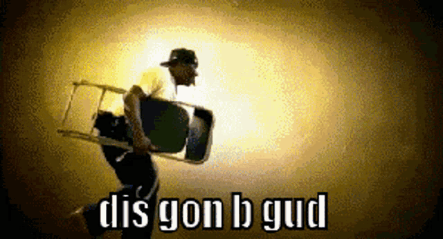 a pixelated image of a man carrying a chair with the words dis gon b gud above him