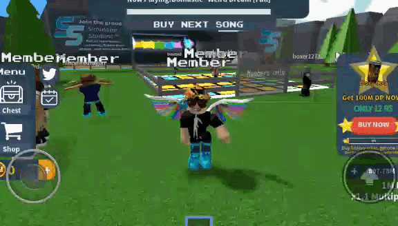 a screenshot of a video game with a buy next song button on the bottom