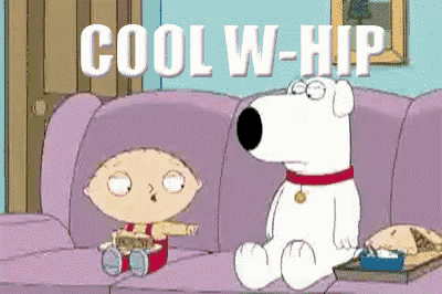 a cartoon of a baby and a dog sitting on a couch with the words `` cool w-hip '' written above them .