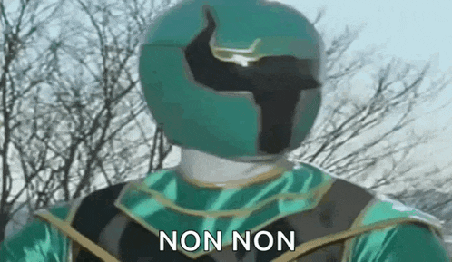 a green power ranger is wearing a green helmet and a green costume .