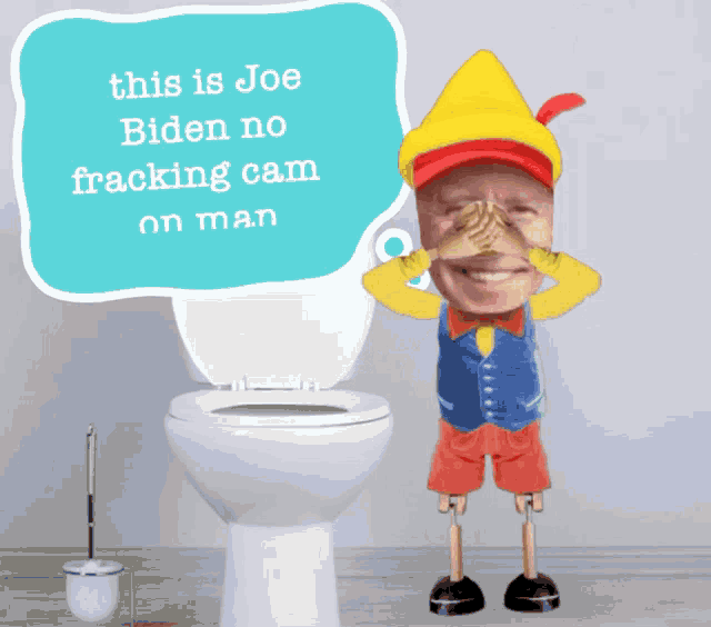 a cartoon of a man in a pinocchio costume covering his face in front of a toilet