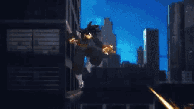 a cartoon character is flying through the air in front of a city