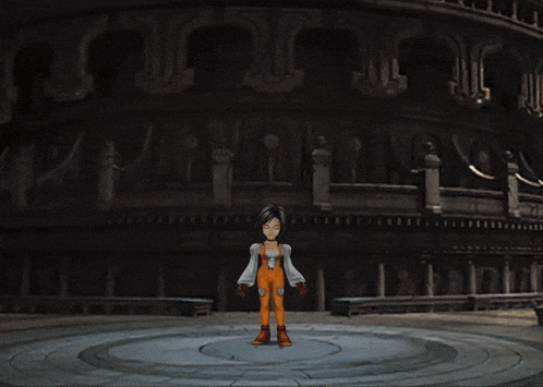 a cartoon character in orange overalls stands in front of a building