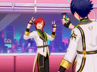a couple of anime characters are standing next to each other and one of them is taking a picture of the other with his phone .