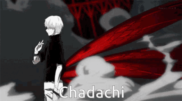 a black and white drawing of a man with red wings and the word chadachi