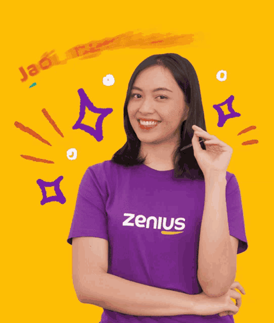 a woman wearing a purple shirt that says zenius