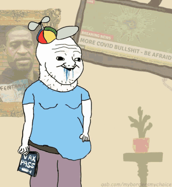 a cartoon of a man holding a book titled vax pass