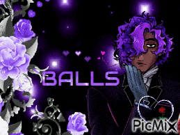 a man with purple hair is surrounded by purple flowers and the word balls