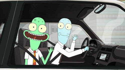 two cartoon characters are sitting in a car with one waving his hand
