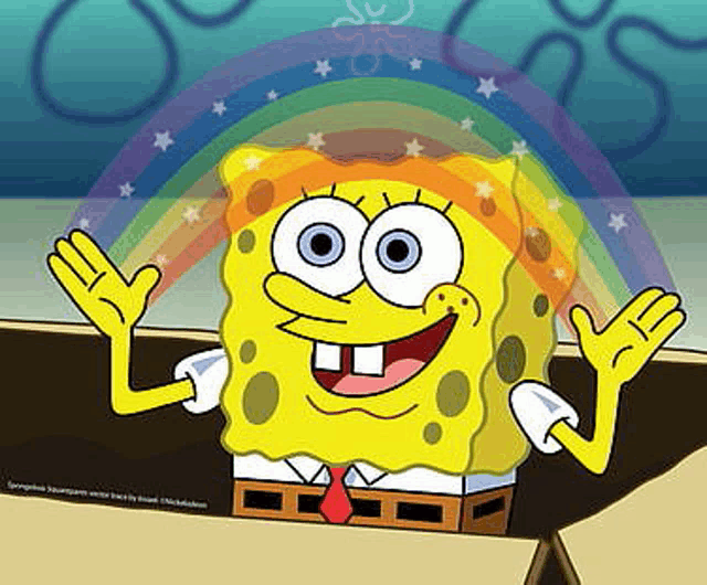 spongebob squarepants is smiling and waving with a rainbow behind him .