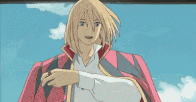 a cartoon character from howl 's moving castle is standing in front of a blue sky with a red cape .