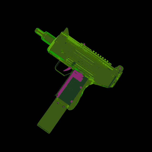a neon green toy gun is against a black background