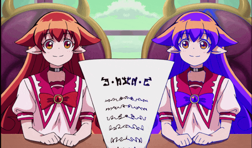 two anime girls are sitting next to each other with a piece of paper that says 3 - axx - e