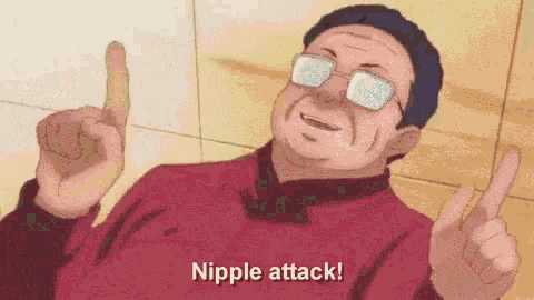 a man wearing glasses and a red shirt is giving a thumbs up and saying `` nipple attack '' .