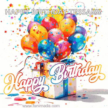a birthday card with balloons and a gift box that says happy birthday tessa