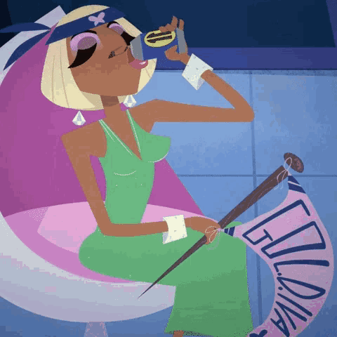 a cartoon drawing of a woman sitting in a chair holding a cane and a banner that says el diva