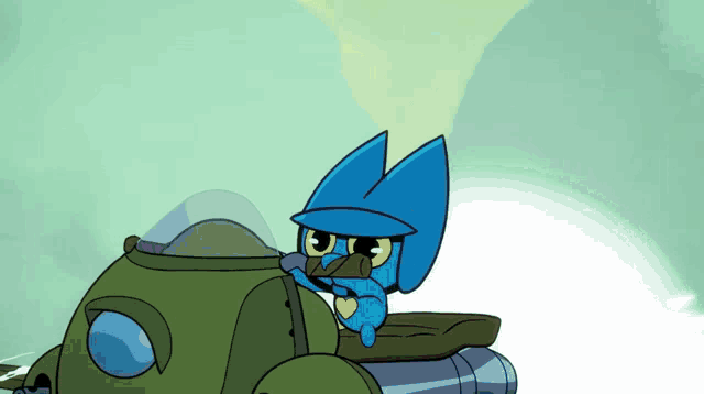 a cartoon character is riding a green vehicle with a blue hat on