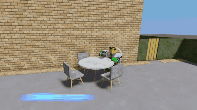 a table and chairs in front of a brick wall in a video game