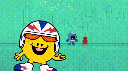 a cartoon character wearing a helmet and sunglasses is smiling