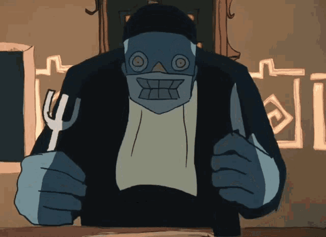 a cartoon character is holding a fork and a piece of paper