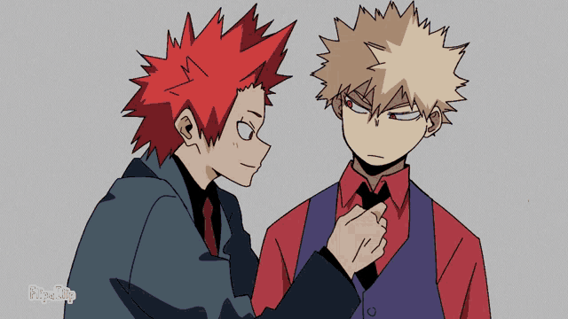 a cartoon of a man with red hair standing next to another man in a purple vest