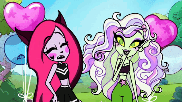 two cartoon characters standing next to each other with balloons in their hair