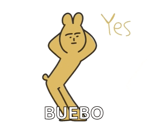 a cartoon rabbit is dancing with the words yes buebo written below it .
