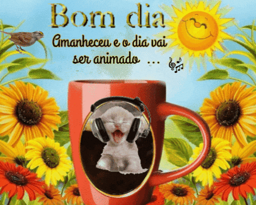 a cup with a picture of a cat wearing headphones and the words bom dia on it