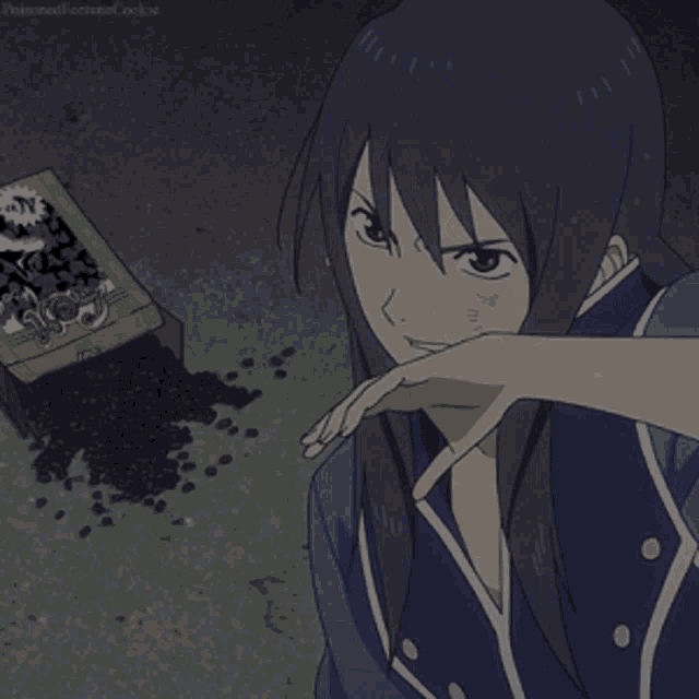 a girl with purple hair is standing in front of a box of coffee
