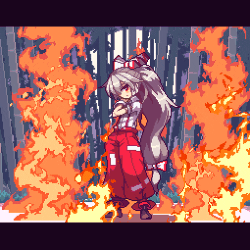 a pixel art of a girl standing in front of flames
