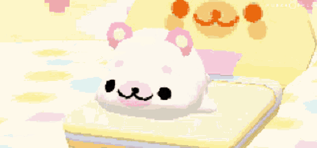 a pixel art drawing of a white animal with pink ears
