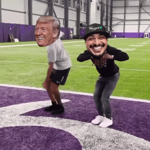 two men on a football field with one wearing a hat that says player x