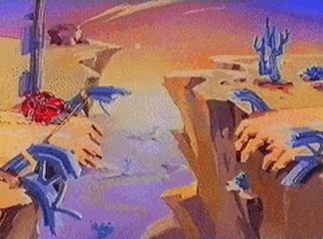 a painting of a desert with a cliff and cactus