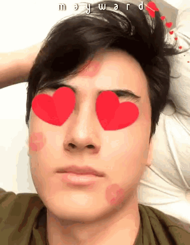 a young man with hearts in his eyes and the name mary ward written on his forehead