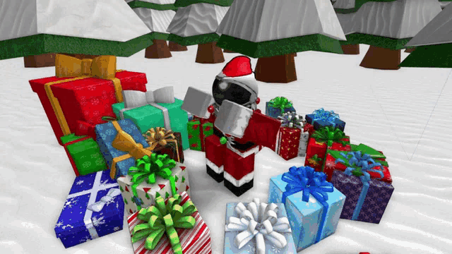 a person dressed as santa claus is surrounded by gifts