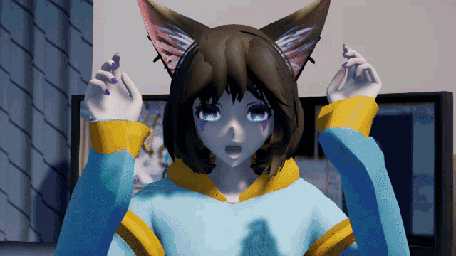 a girl with a cat ear headband is wearing a blue and yellow shirt