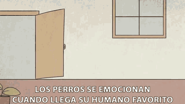 a cartoon of a man standing next to a dog with the words los perros se emocionan cuando llega su humano favorito below it