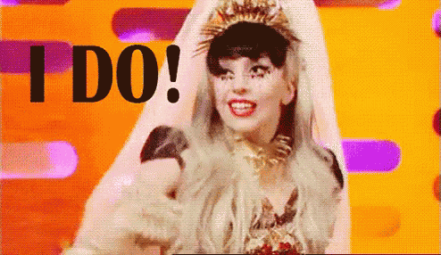 a woman in a bride 's dress is saying i do