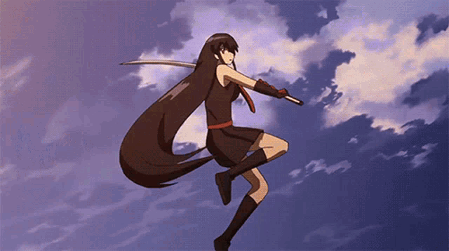 a girl with long hair is holding a sword in her right hand .