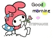 my melody is holding a rose in her hand and saying good morning .