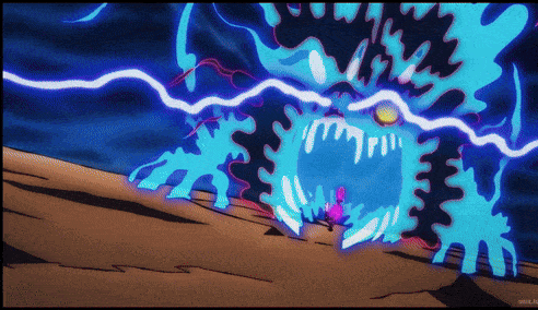 a cartoon drawing of a monster with a lightning bolt coming out of it 's mouth
