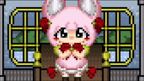 a pixel art drawing of a girl wearing a pink bunny costume